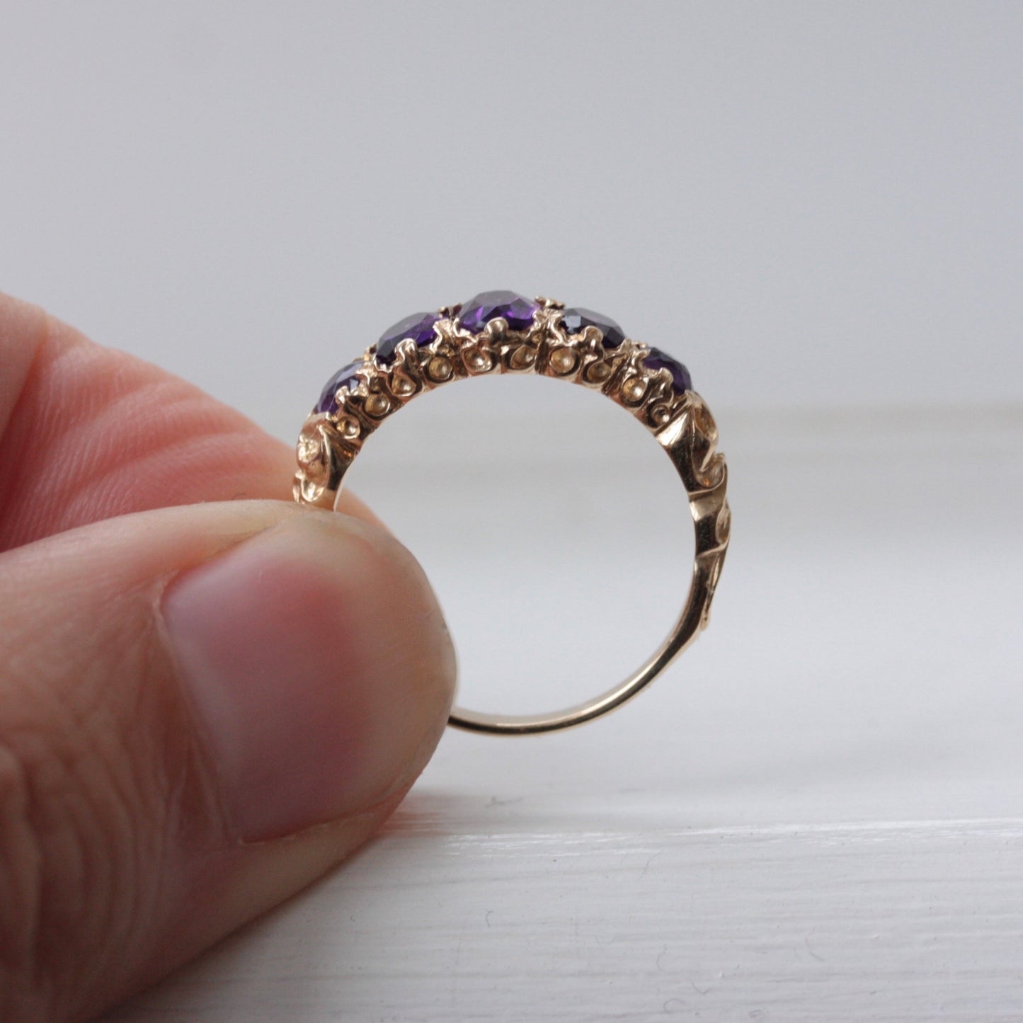 Vintage 9ct Gold Amethyst 5 Stone Ring, 1972
