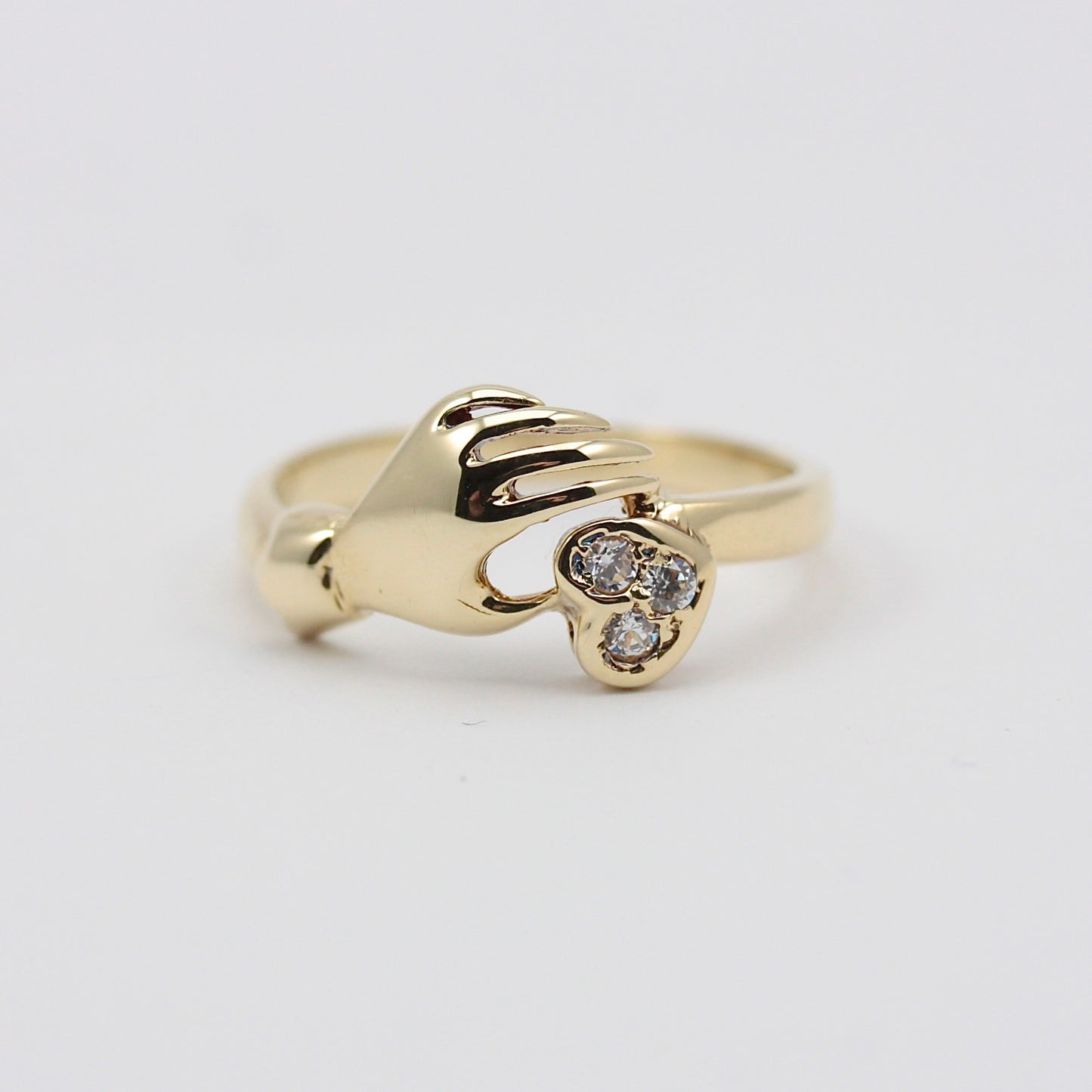 Vintage 14ct Gold Hand Holding Heart White Stone Ring