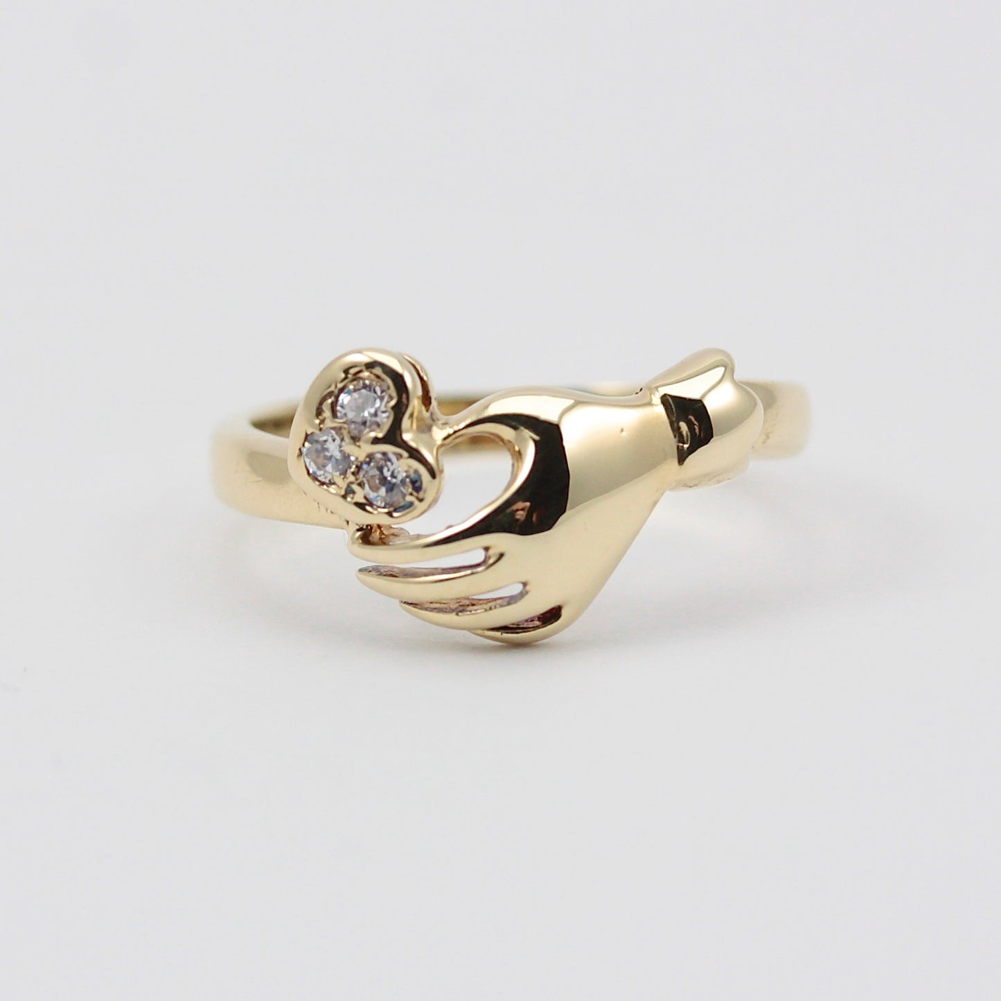 Vintage 14ct Gold Hand Holding Heart White Stone Ring