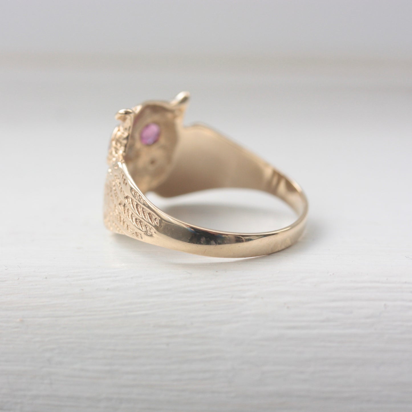 Vintage 9ct Gold Owl Ring with Garnet Eyes, 1989