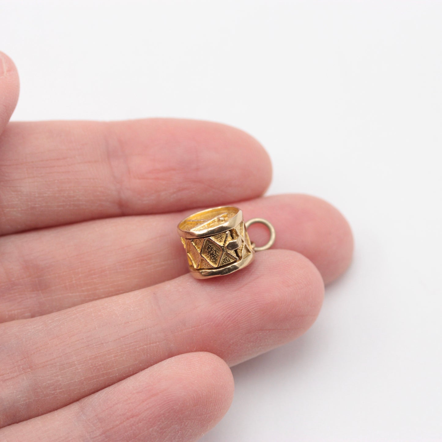 Vintage 9ct Gold Opening Drum Charm with Trumpeter, NUVO, 1961