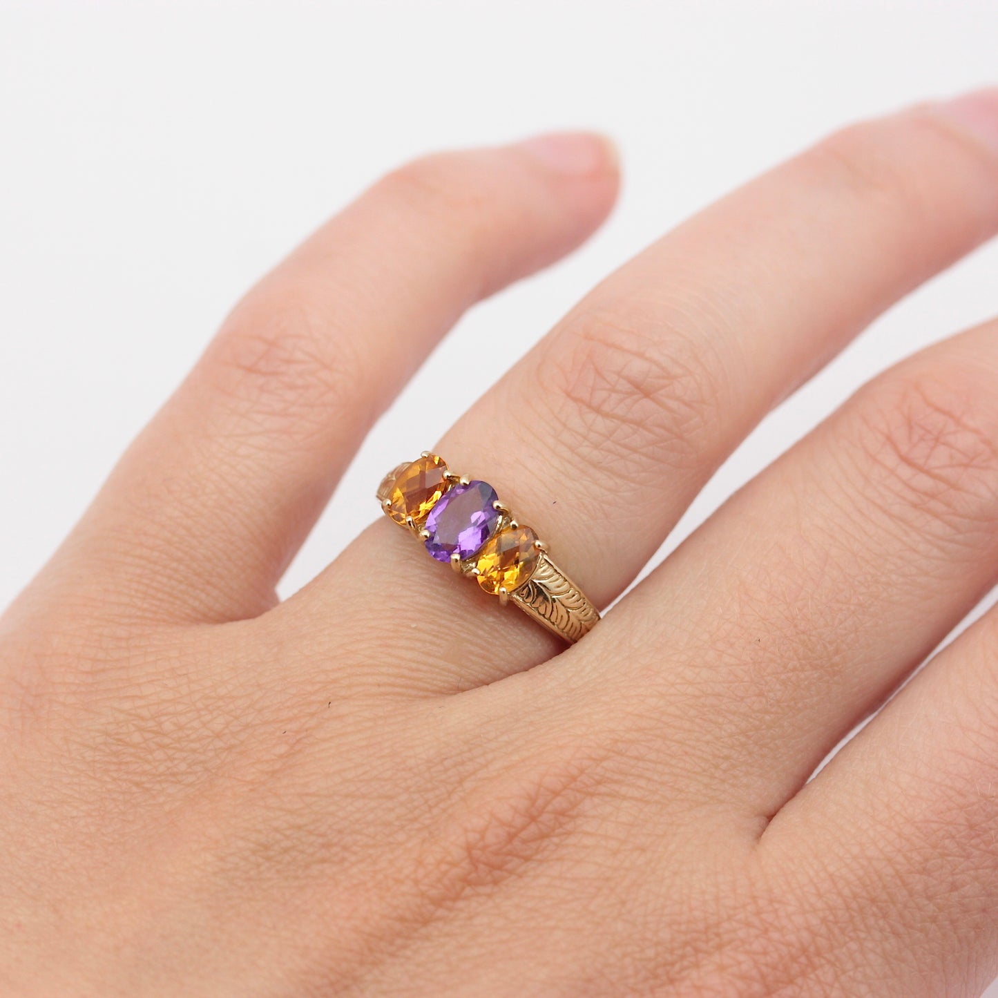 Pre-owned 9ct Gold Amethyst & Citrine Three Stone Ring