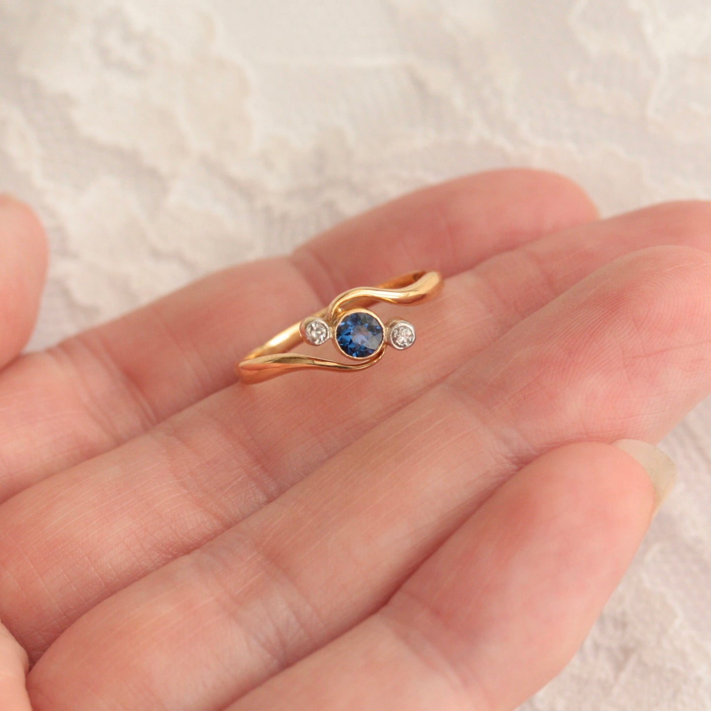 Art Deco Sapphire and Diamond Three Stone Crossover Ring