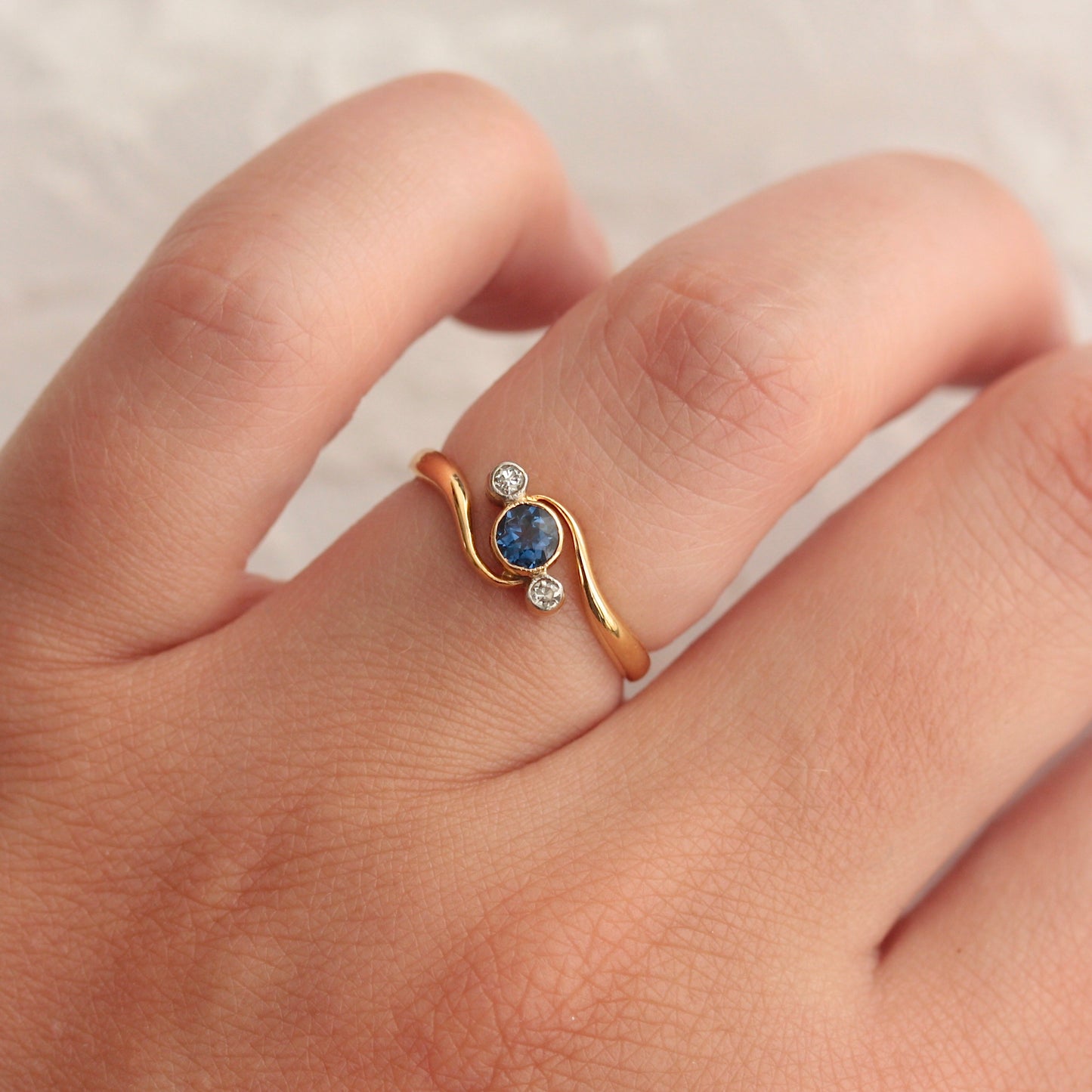 Art Deco Sapphire and Diamond Three Stone Crossover Ring