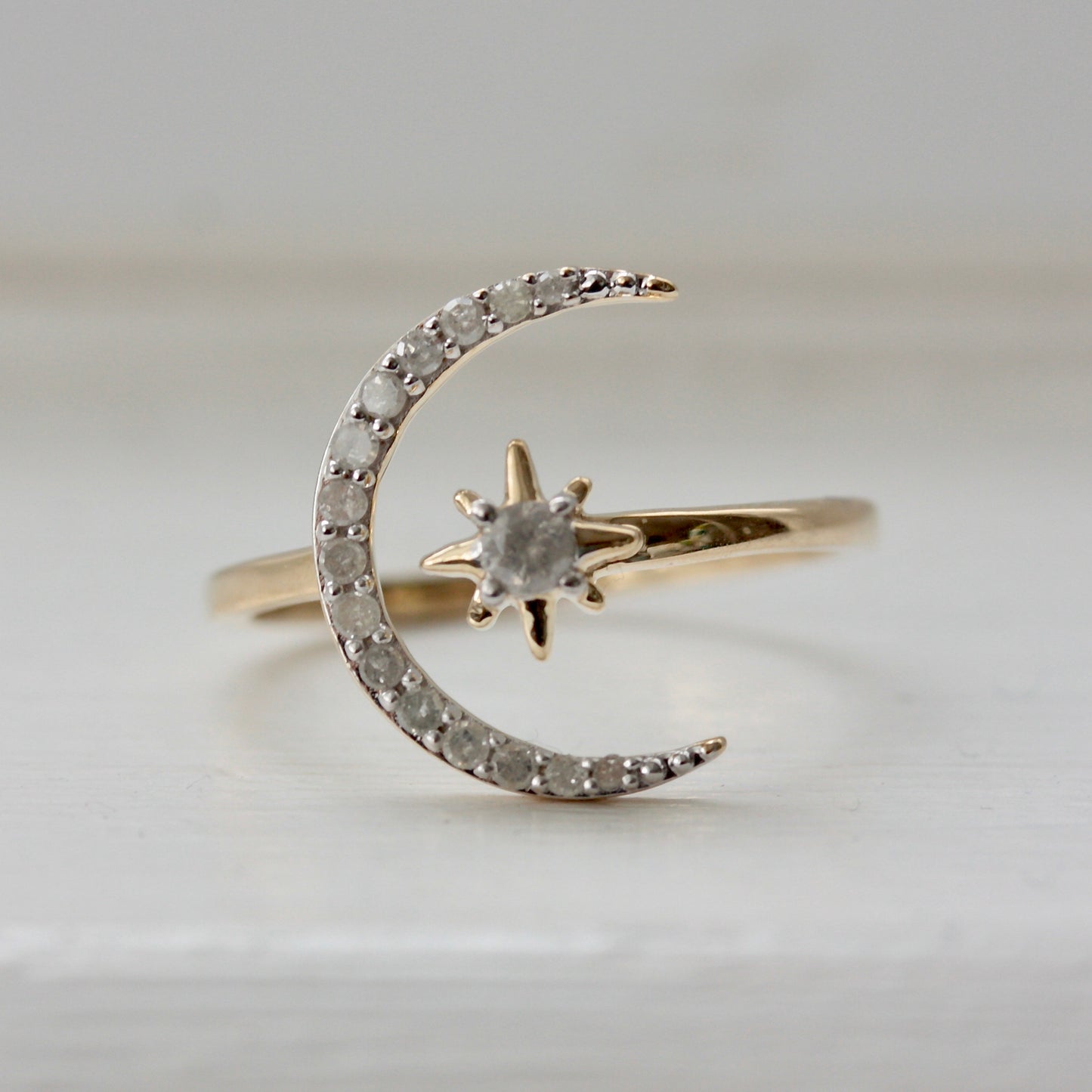 Pre-owned 9ct Gold Cloudy Diamond Moon and Star Ring