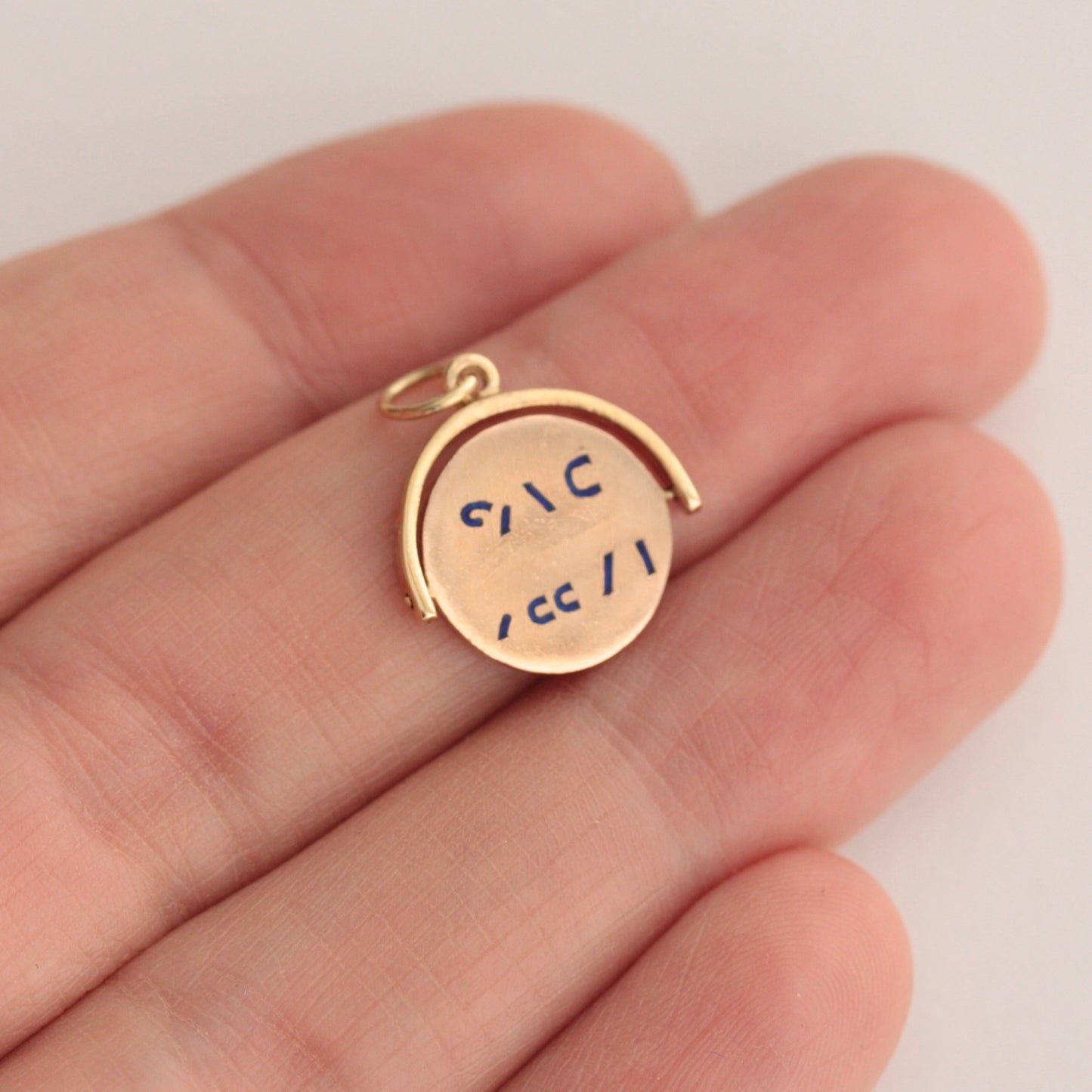 Vintage 9ct Gold and Blue Enamel 'Happy Days' Spinner Pendant, 1969