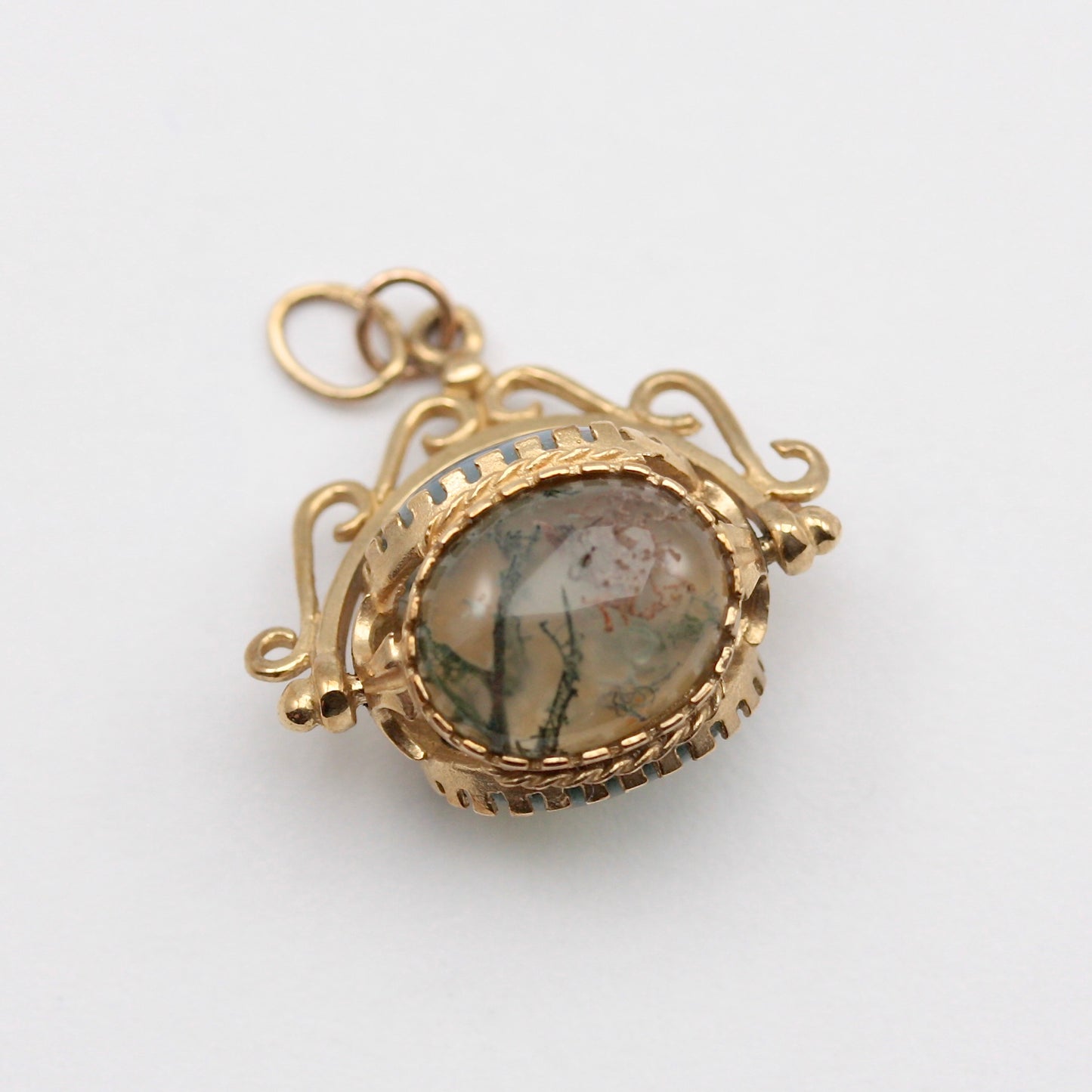Vintage 9ct Gold Three Sided Moss Agate Spinner Fob Pendant