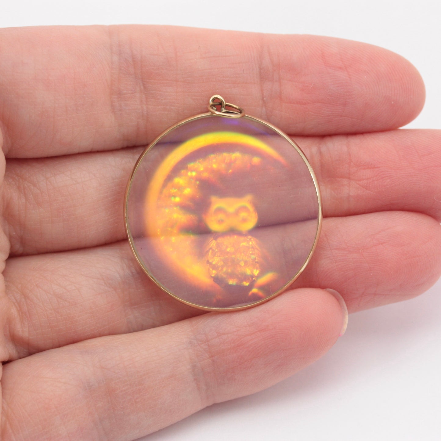 Vintage 9ct Gold Owl and Moon Hologram Pendant, 1990s