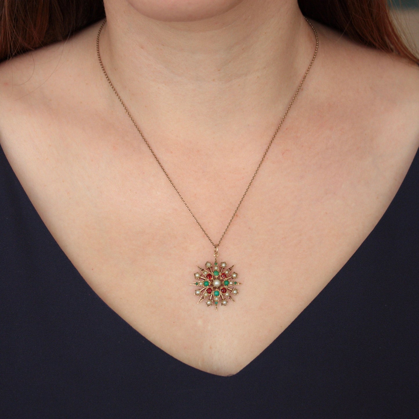 Antique Yellow Gold Turquoise Garnet and Seed Pearl Starburst Pendant
