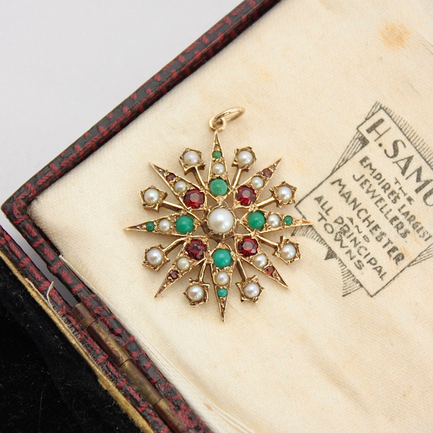 Antique Yellow Gold Turquoise Garnet and Seed Pearl Starburst Pendant