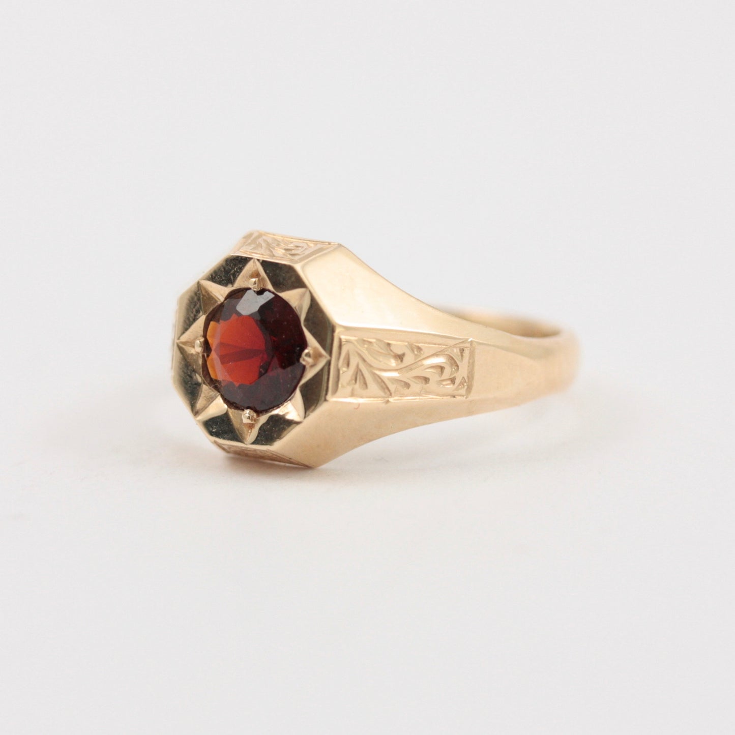 Vintage 9ct Gold Octagonal Signet Ring with Star Set Garnet, 1969