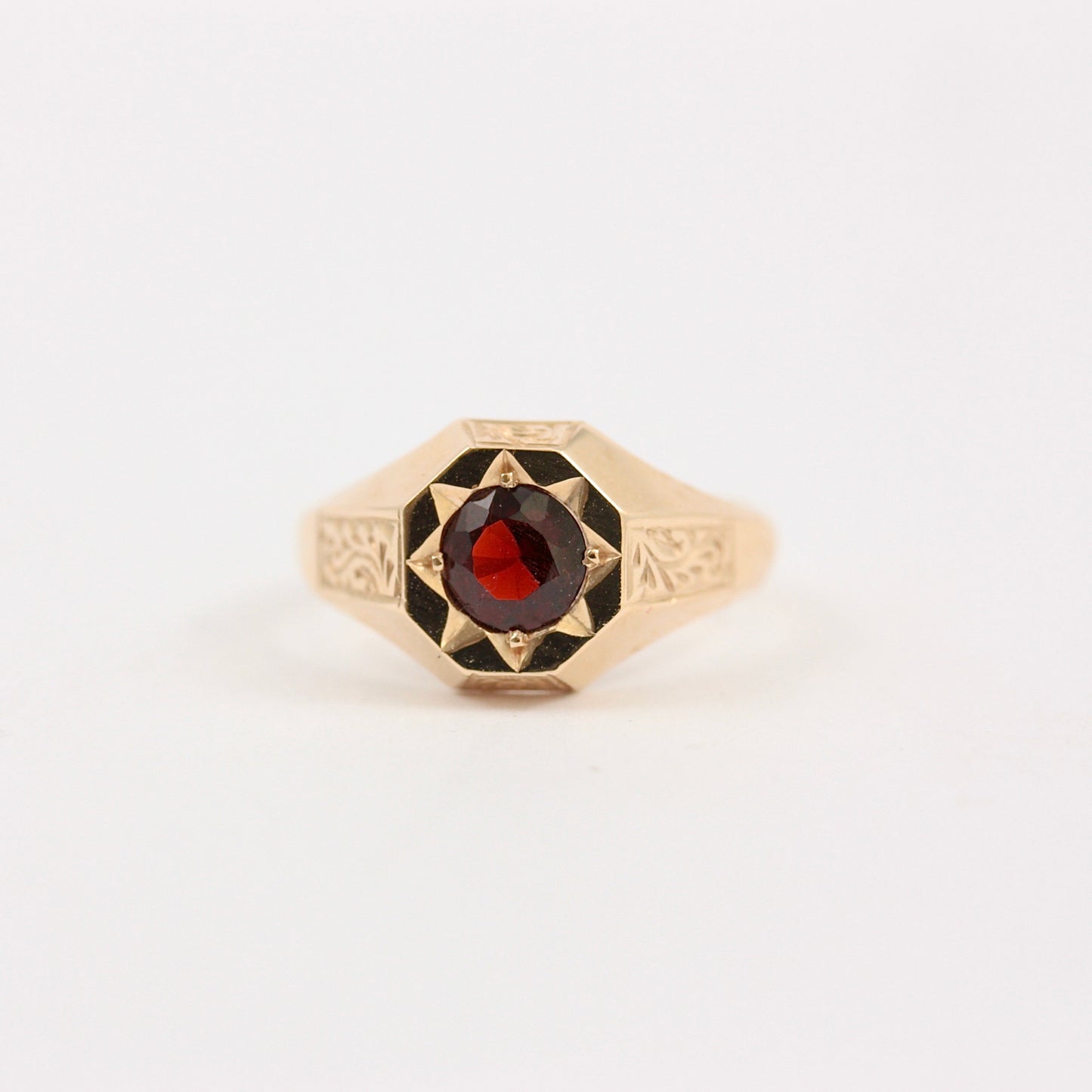 Vintage 9ct Gold Octagonal Signet Ring with Star Set Garnet, 1969