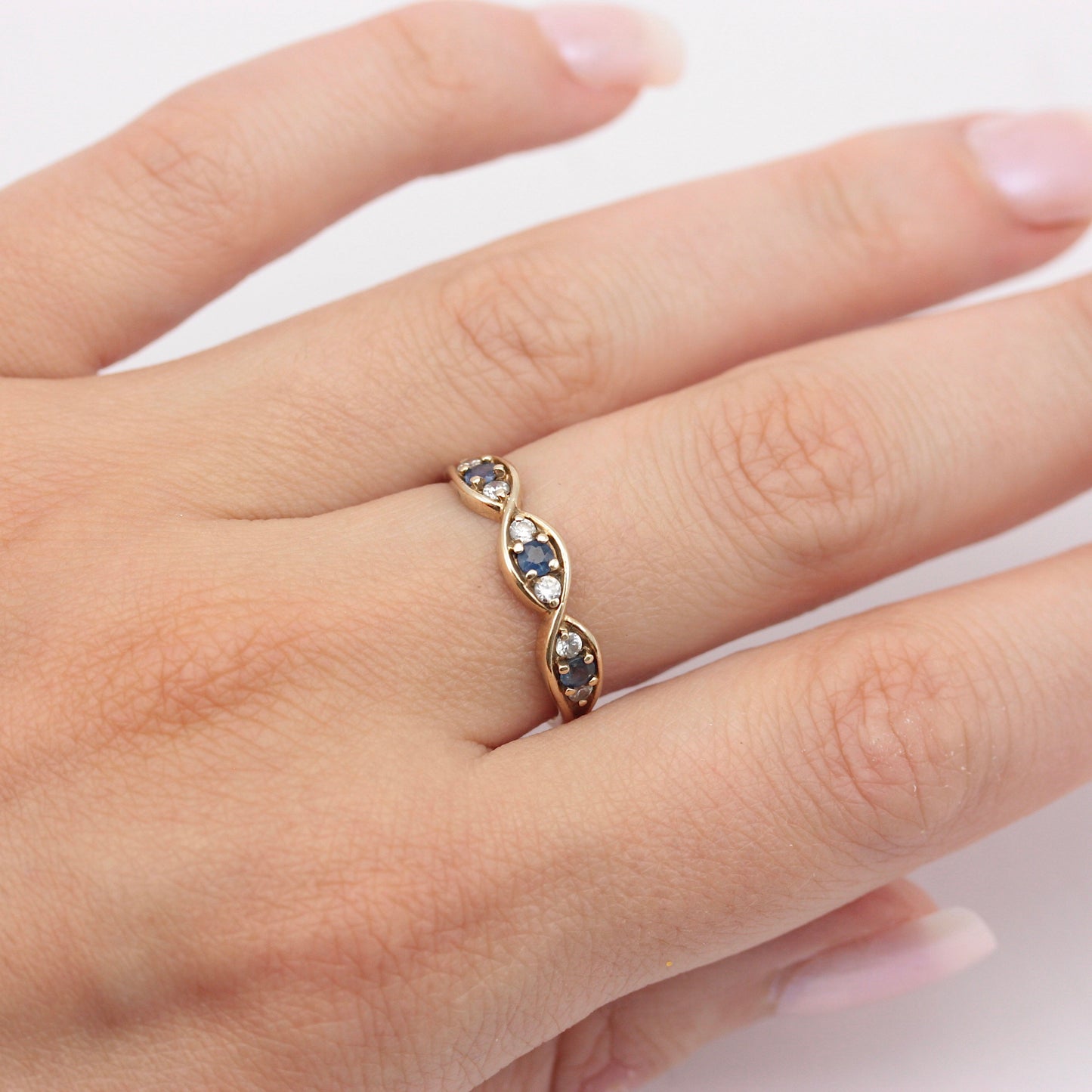 Vintage 9ct Gold Sapphire & CZ Curved Band Ring, 1995