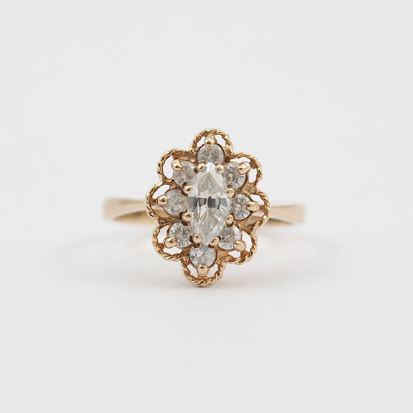 Vintage 9ct Gold Rope Edge Clear Cubic Zirconia Cluster Ring, 1970s