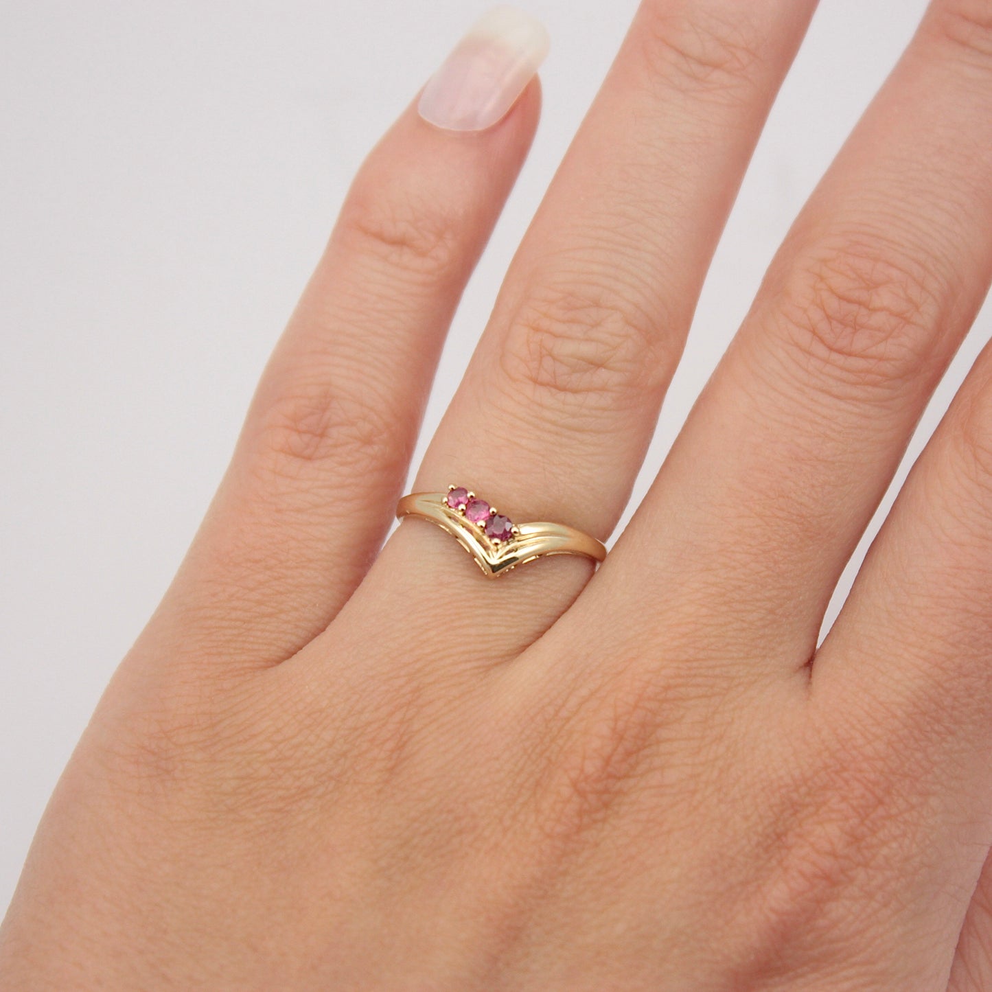 Vintage 9ct Gold Ruby Wishbone 3 Stone Ring, 1990s