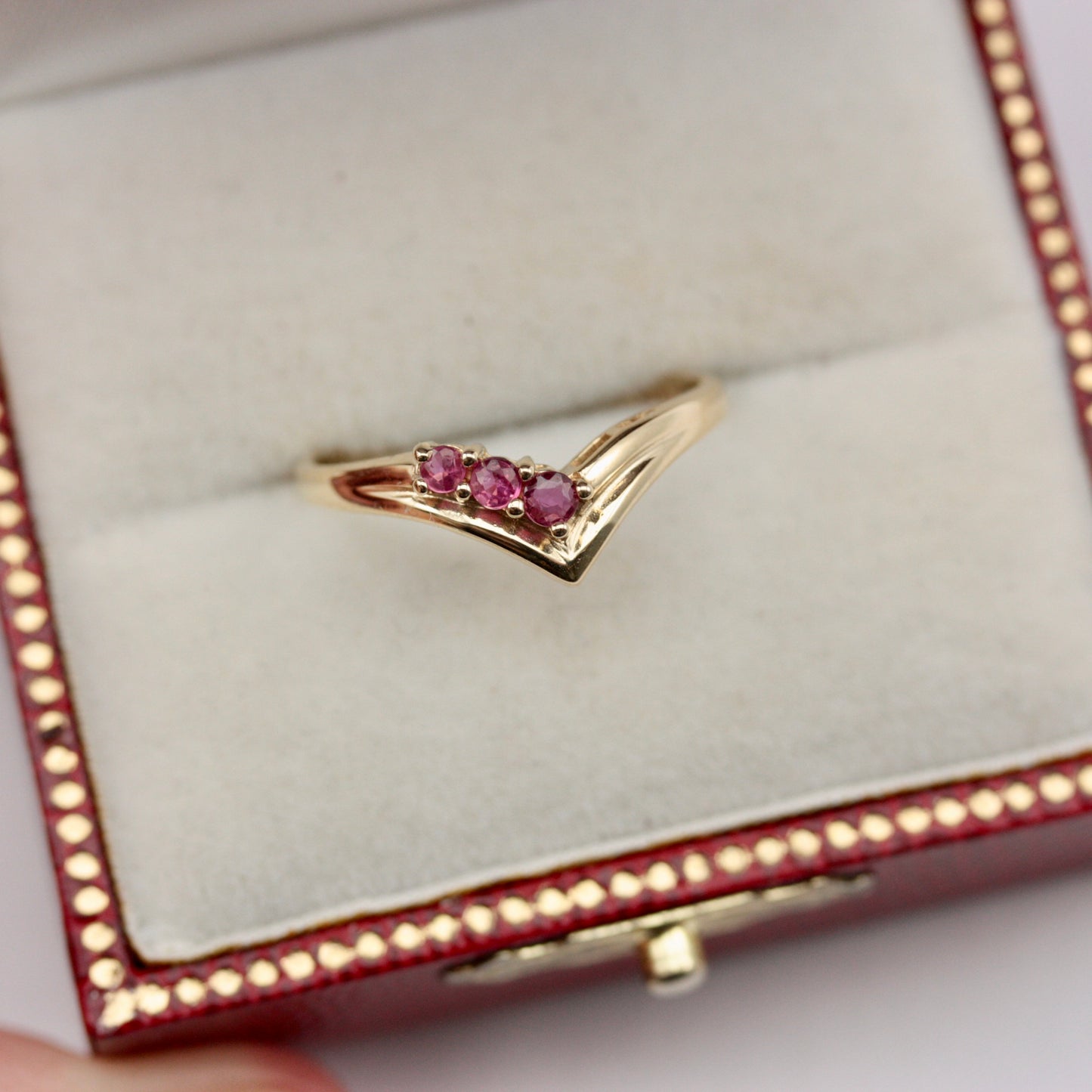 Vintage 9ct Gold Ruby Wishbone 3 Stone Ring, 1990s