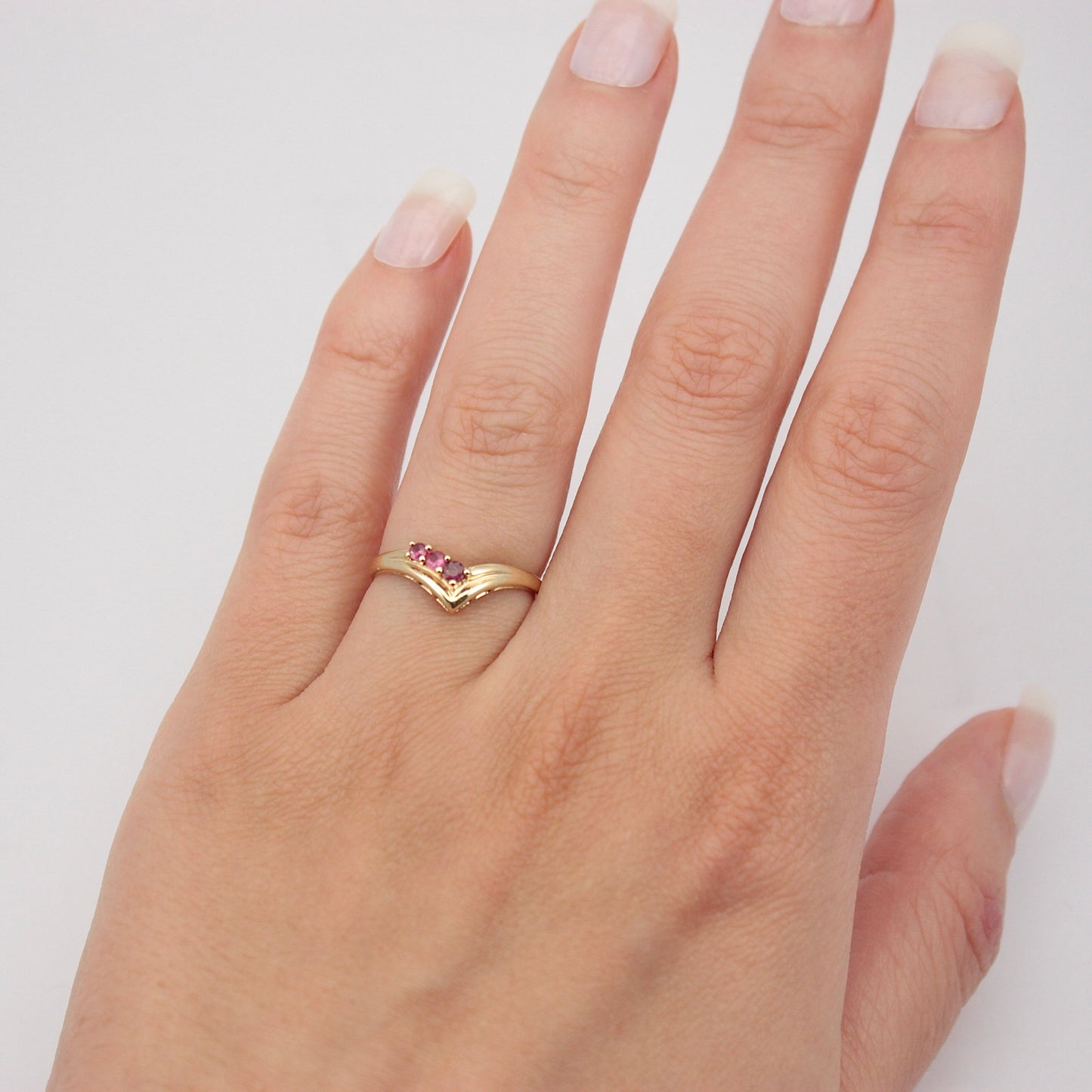 Vintage 9ct Gold Ruby Wishbone 3 Stone Ring, 1990s