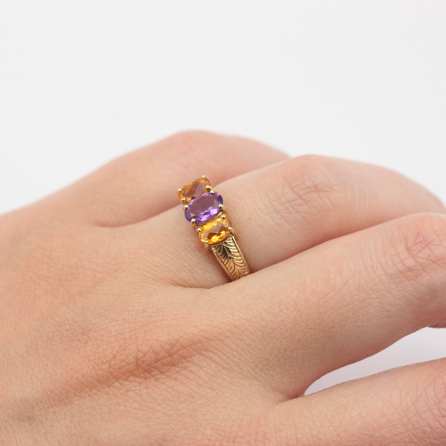 Pre-owned 9ct Gold Amethyst & Citrine Three Stone Ring