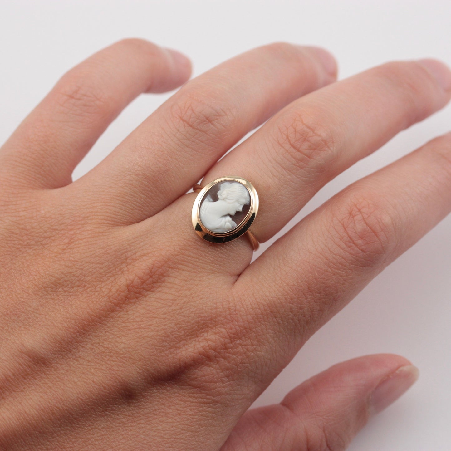 Vintage 9ct Gold Carved Shell Cameo Ring, Early 1970s