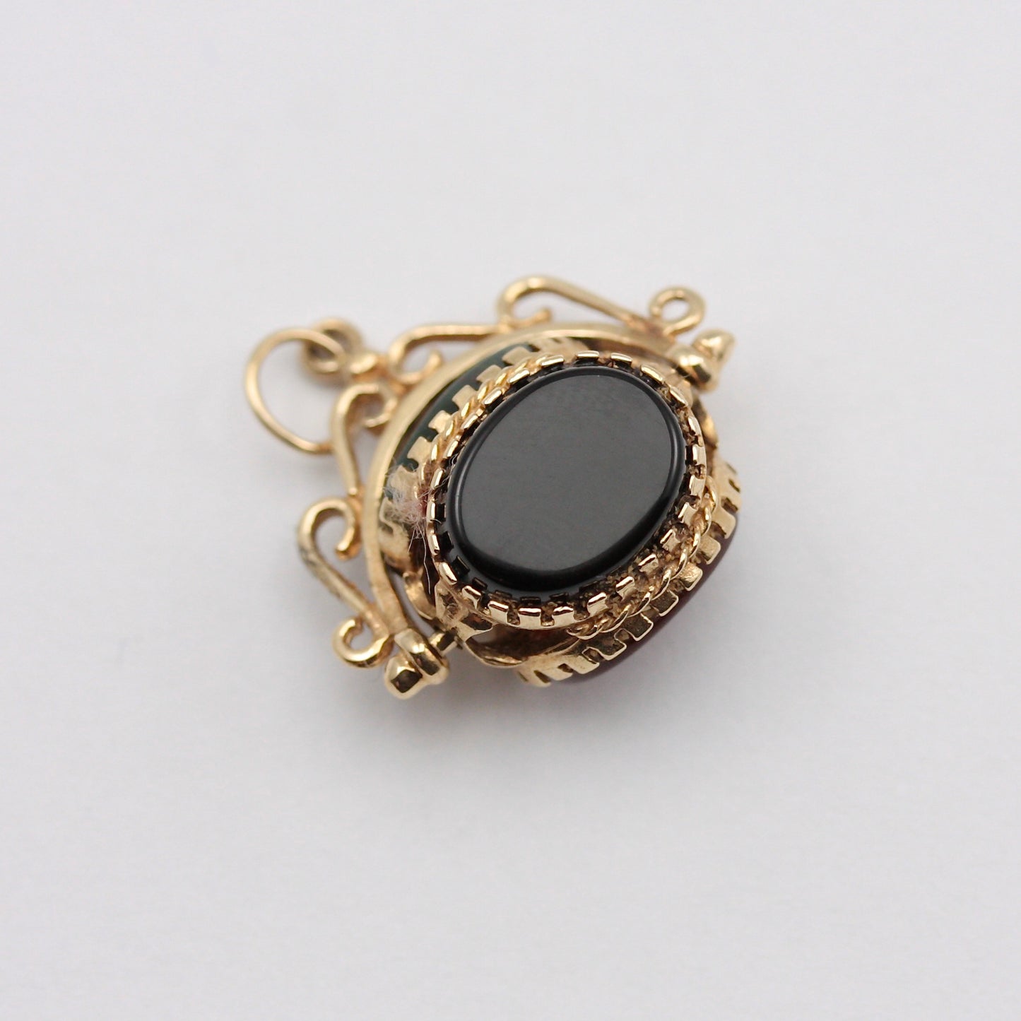 Vintage 9ct Gold Three Sided Fob Spinner Pendant - Carnelian, Onyx, Bloodstone