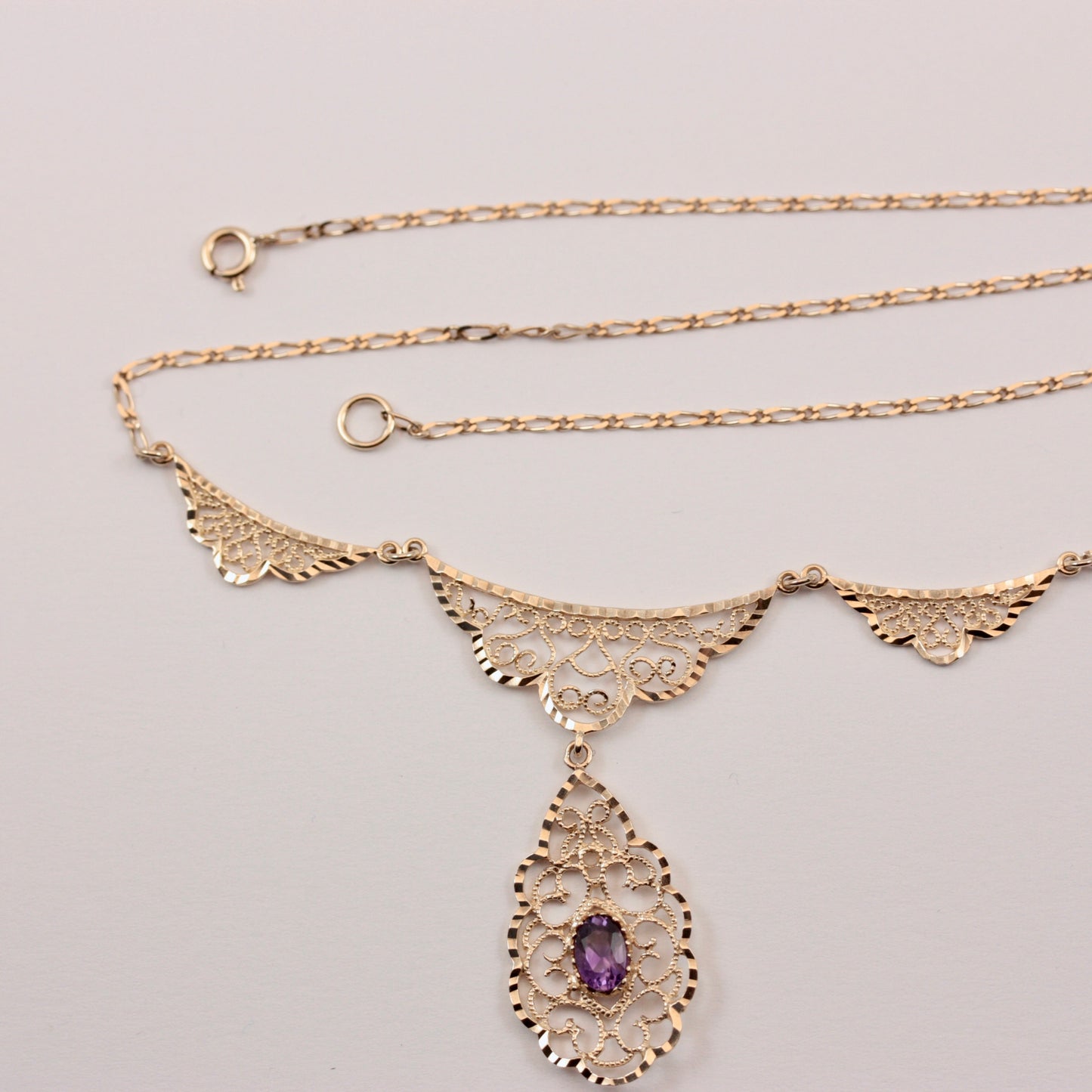 Vintage 9ct Gold Filigree Panel Necklace with Amethyst, 1994