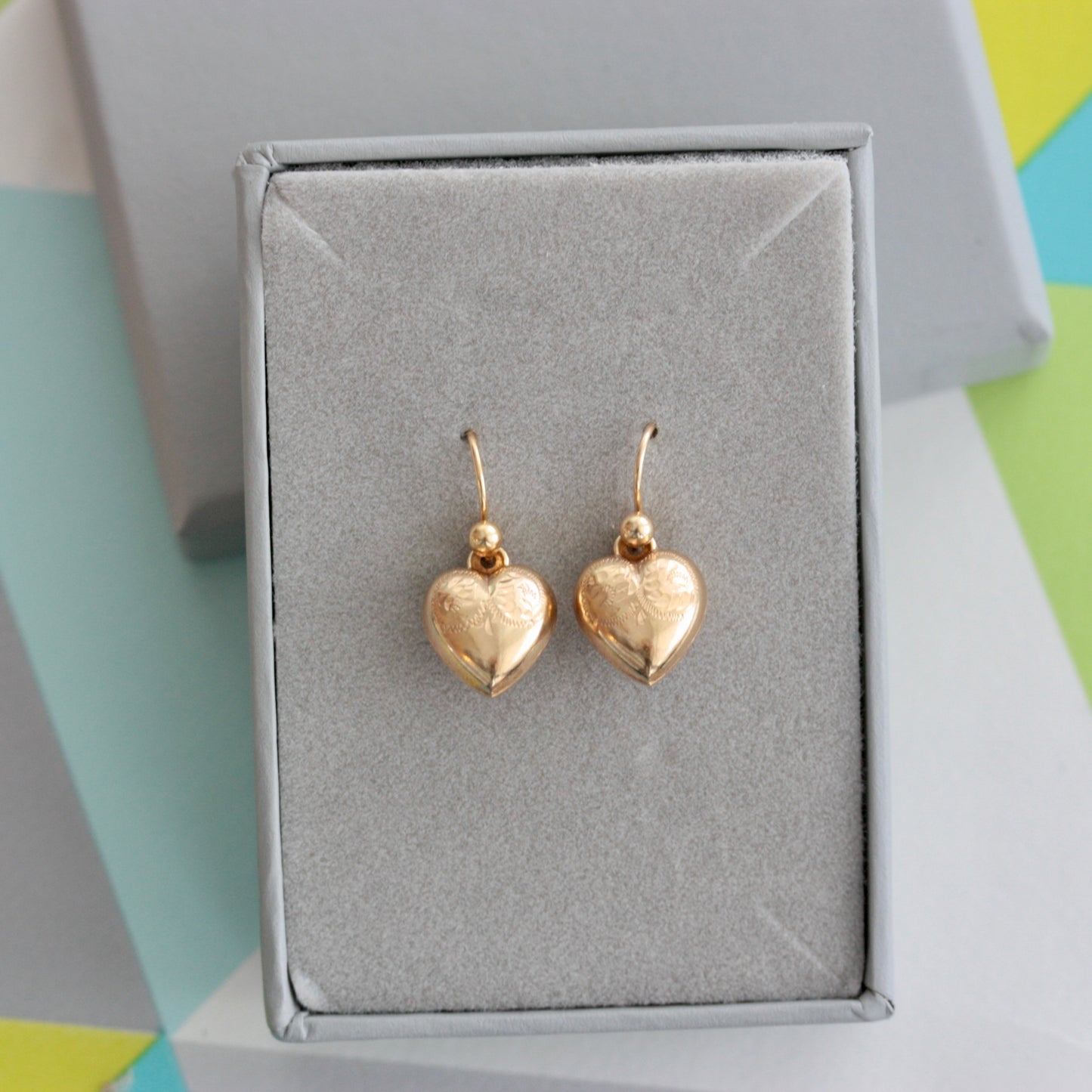 1961 puffy heart dangle earrings