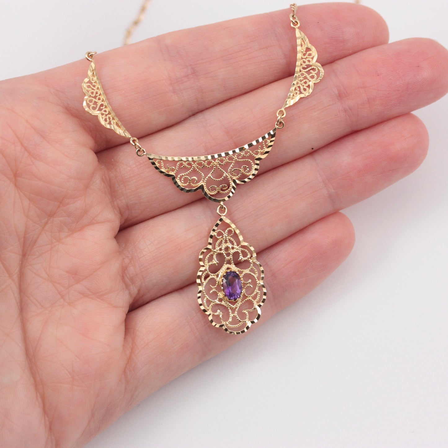 vintage 9ct gold filigree amethyst necklace