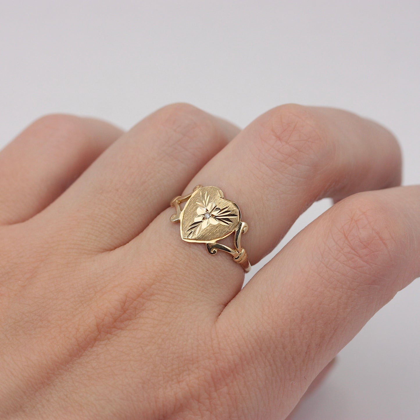 Vintage 9ct Gold Floral Heart Signet Style Ring, 1991