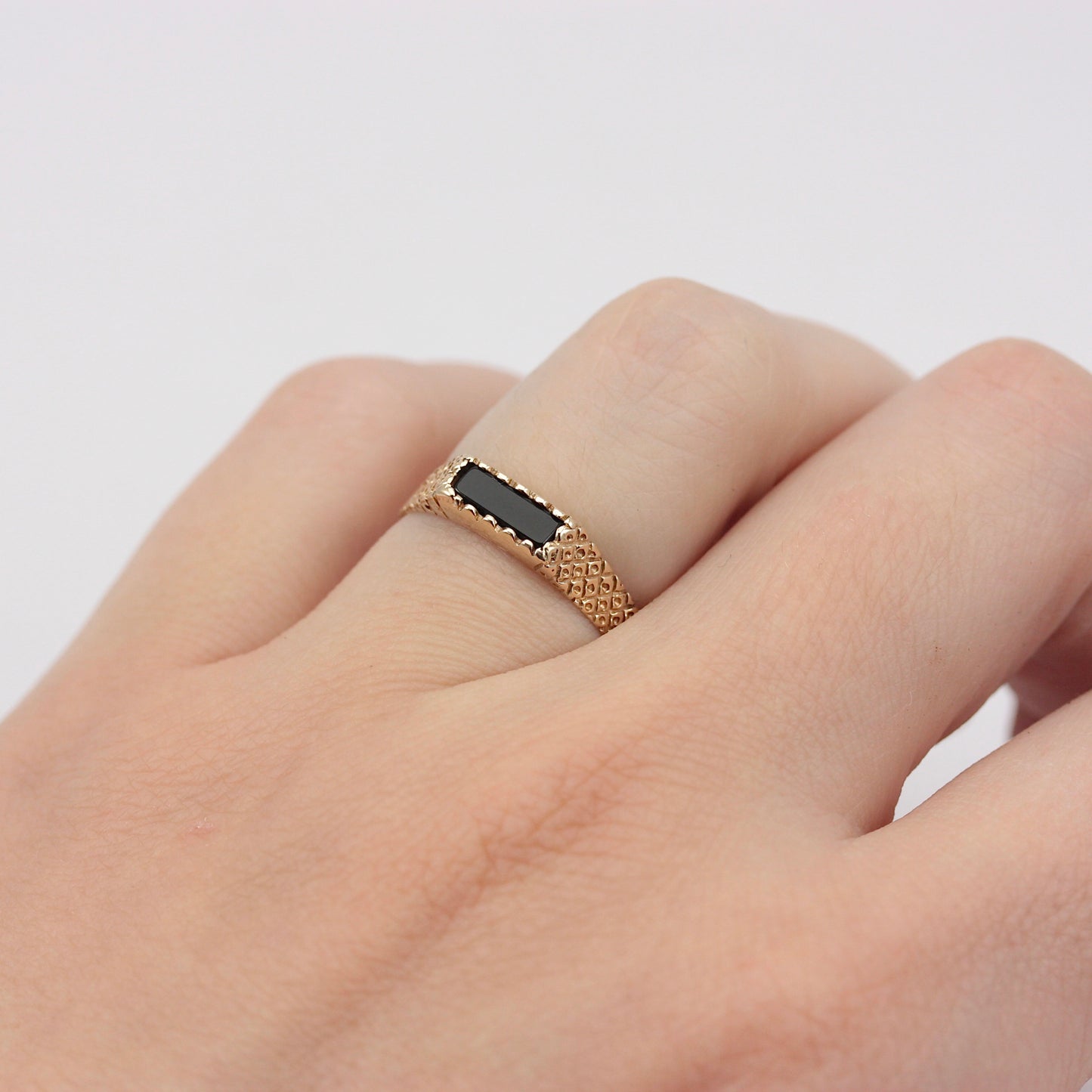 Vintage 9ct Gold Rectangle Onyx Textured Signet Ring, 1989