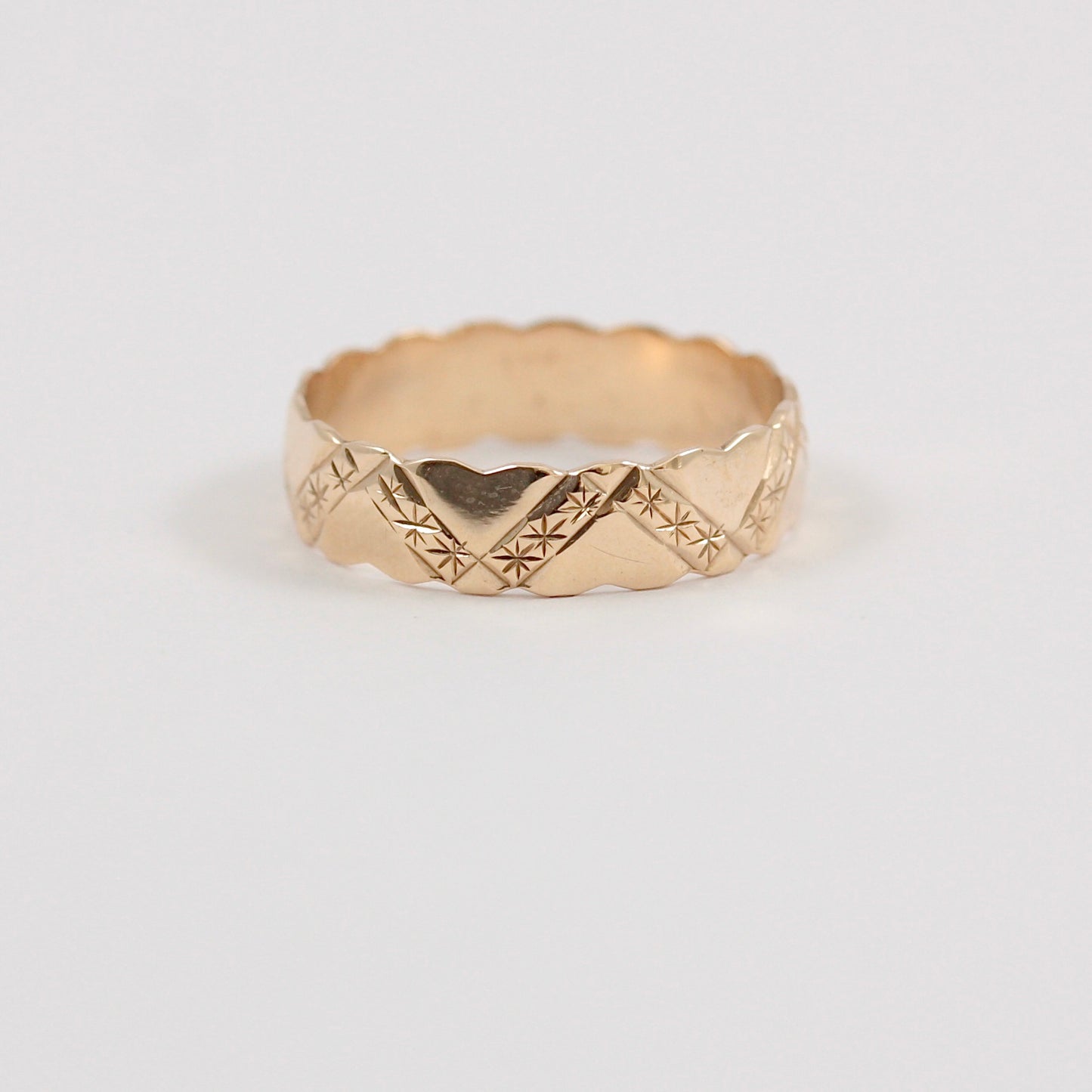 Vintage 9ct Gold Scalloped Edge Patterned Band Ring, 1987