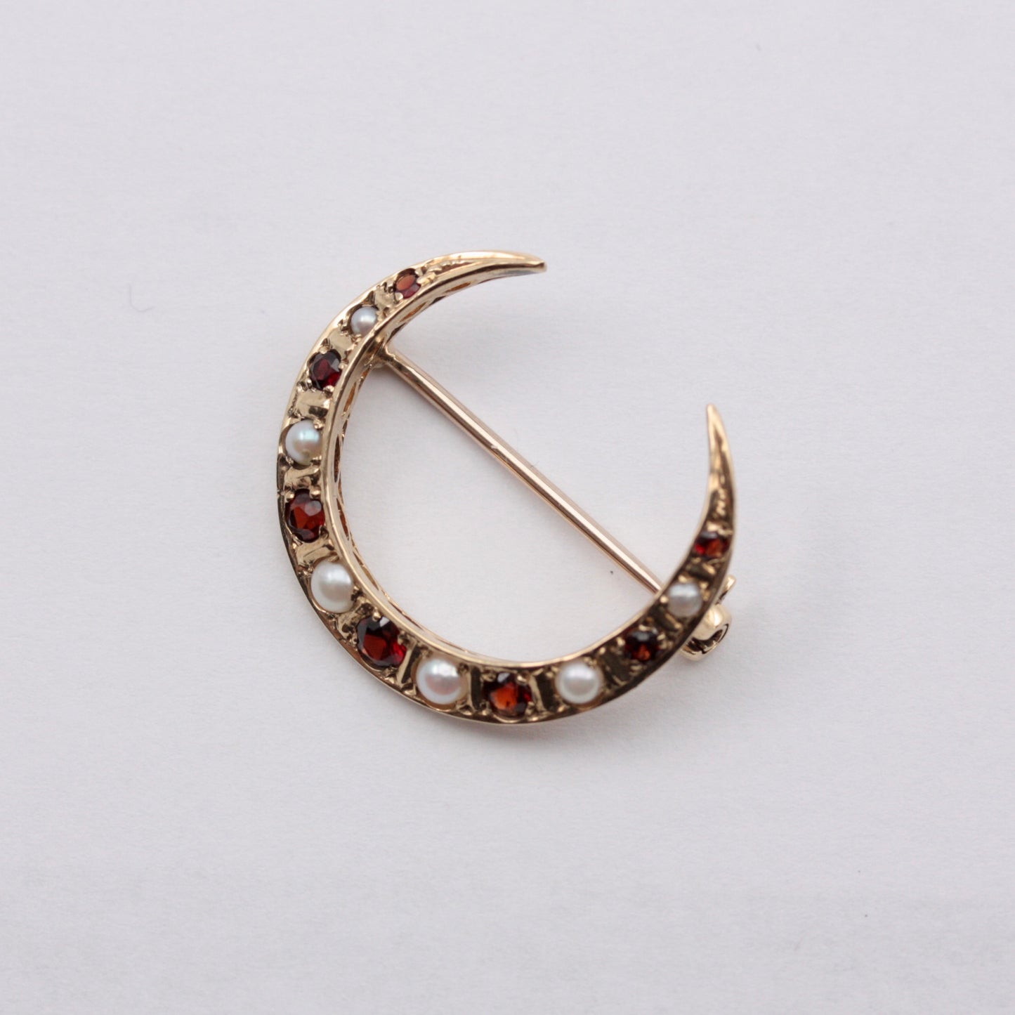 Vintage 9ct Gold Moon Brooch with Garnets and Pearls, 1981