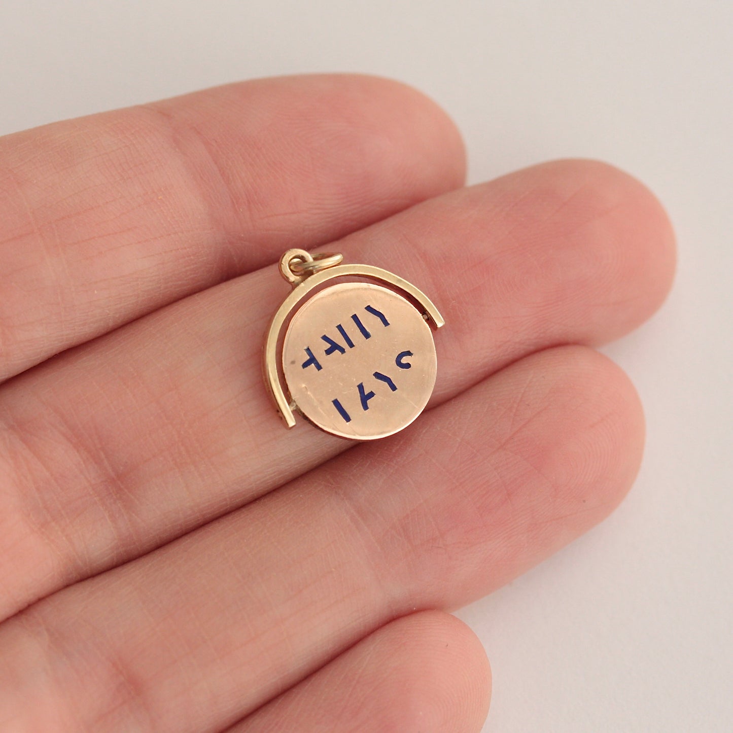 Vintage 9ct Gold and Blue Enamel 'Happy Days' Spinner Pendant, 1969