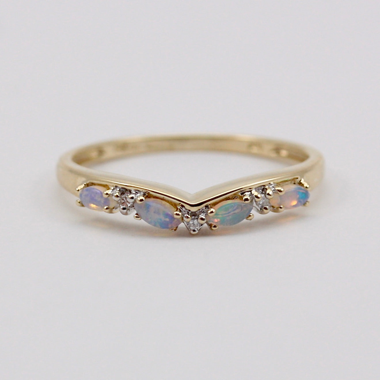 Pre-owned 9ct Gold Opal and Diamond Wishbone Ring, 2002