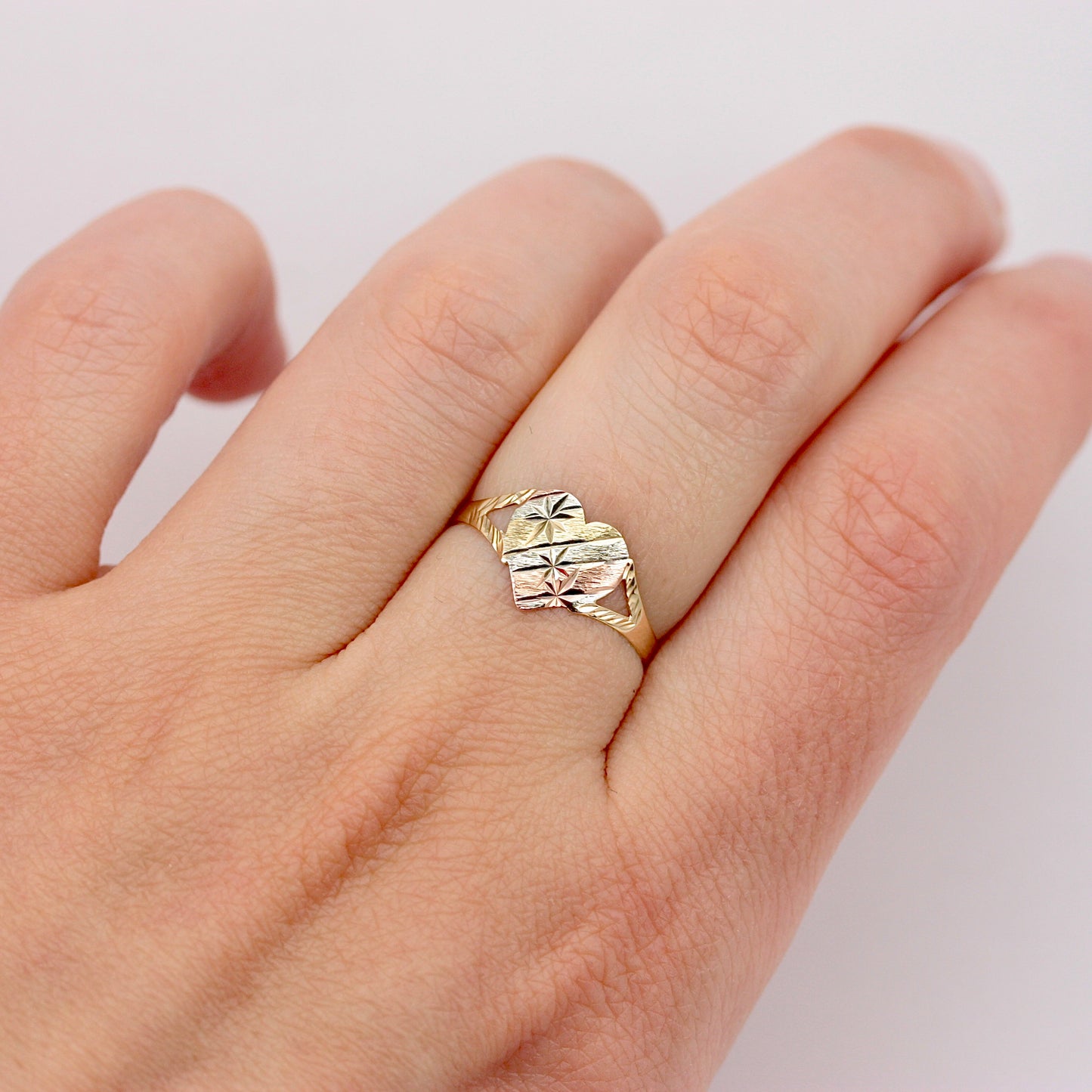 Vintage 9ct Tri Colour Gold Star Engraved Heart Ring, 1984