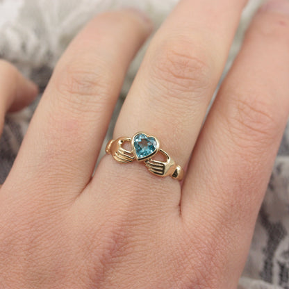 Vintage 9ct Gold Hands Holding Topaz Heart Ring, 1996