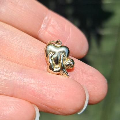 9ct Gold Cherub Hanging From Heart Charm / Pendant