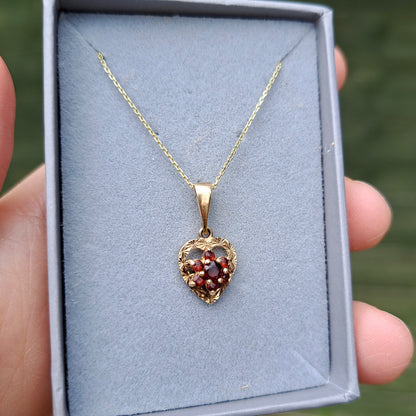 Vintage 9ct Gold and Garnet Cluster Heart Pendant, 1979