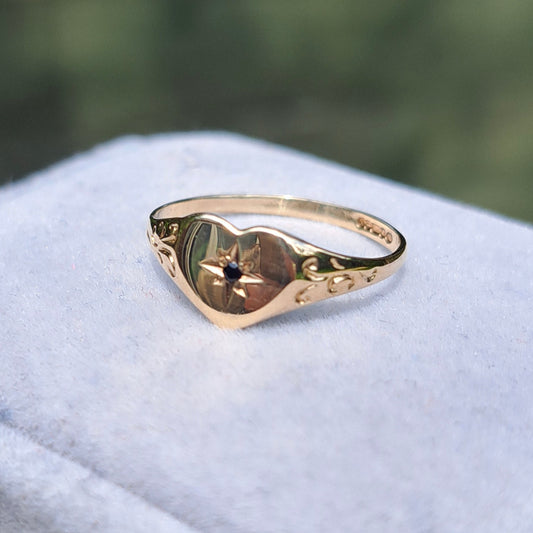 Vintage 9ct Gold Sapphire Heart Signet Ring, 1987