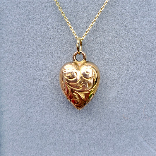 Vintage 9ct Gold Engraved Puffy Heart Charm, 12mm