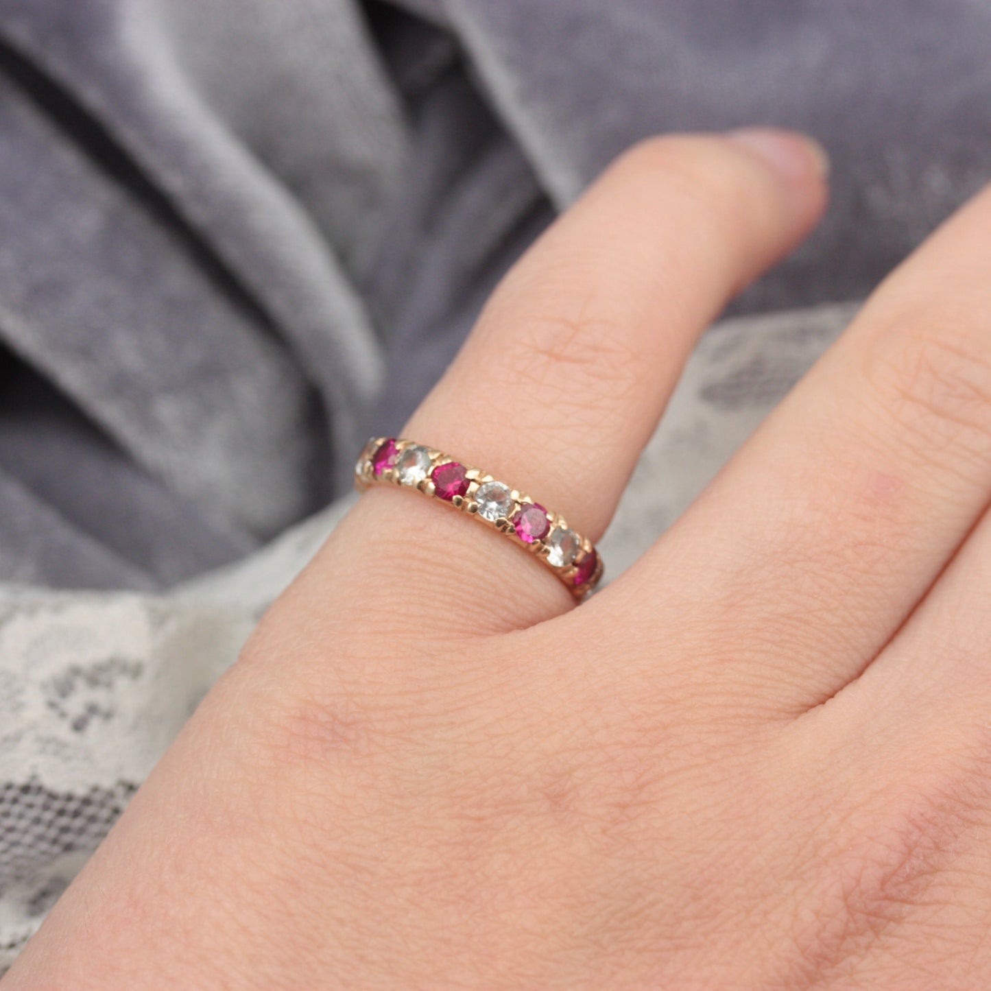 Vintage Red and White Created Spinel Eternity Ring, 1970s