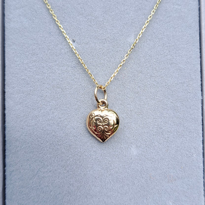 Vintage 9ct Gold Tiny Engraved Puffy Heart Charm, 8mm