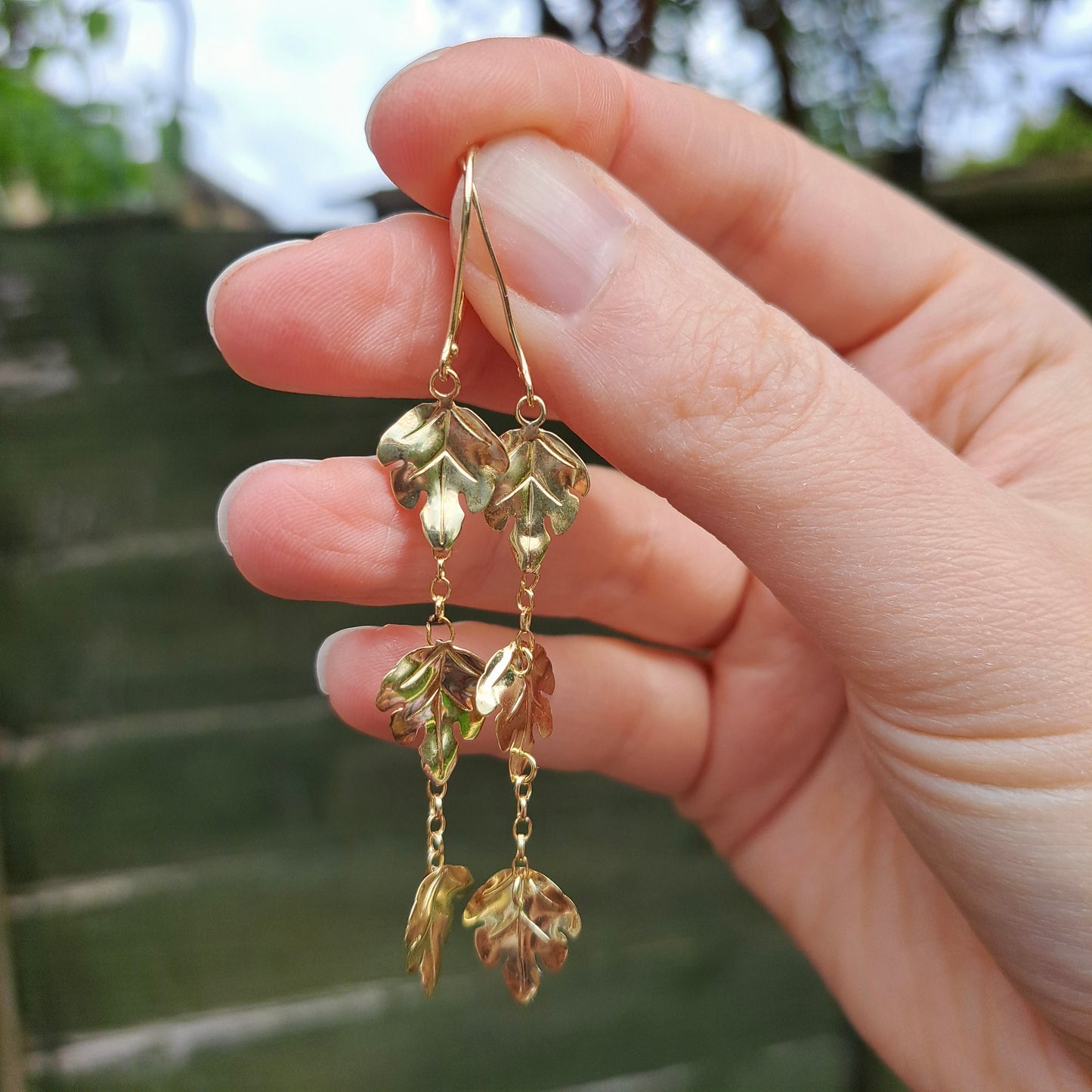 Pre-owned Long 9ct Gold Leaf Dangle Earrings