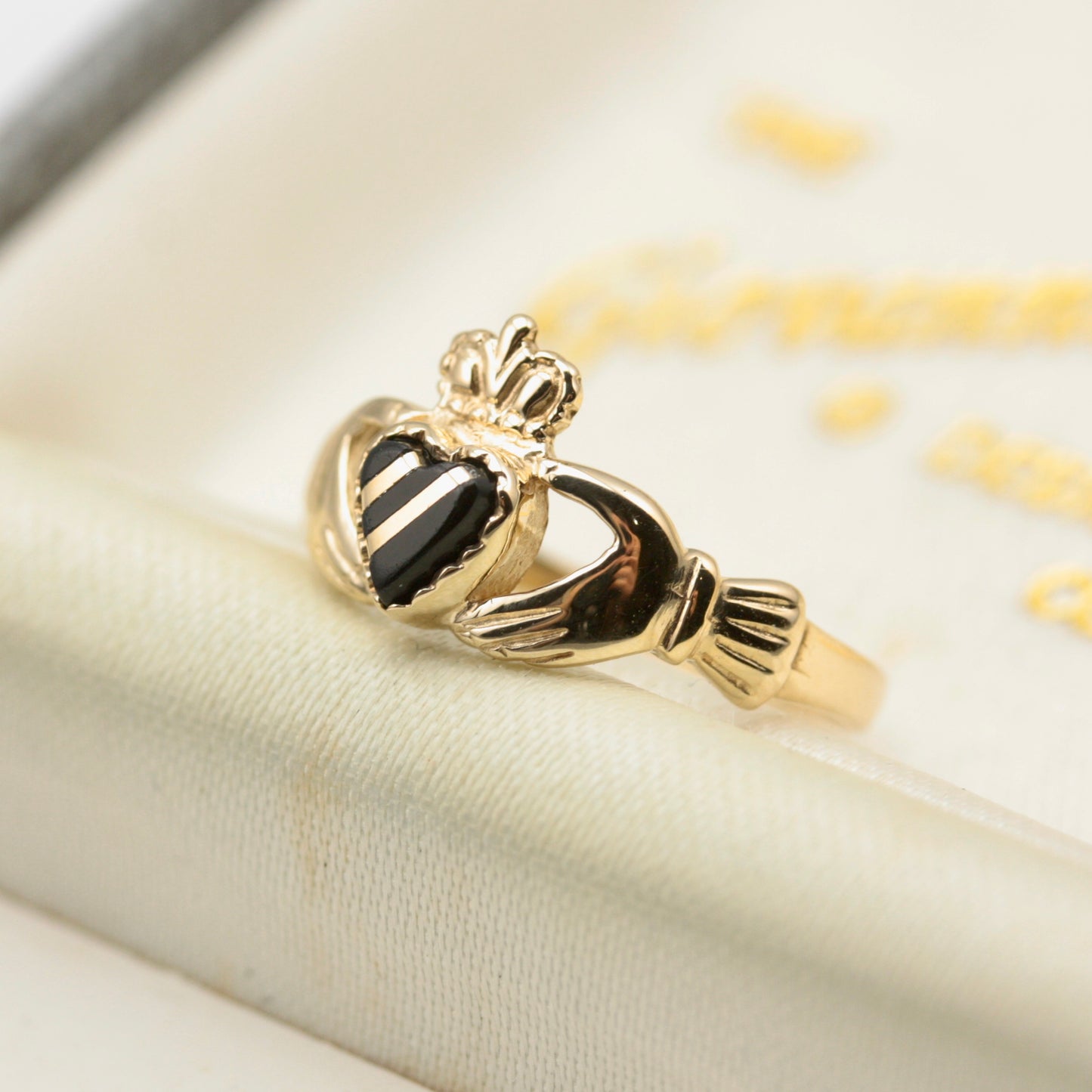 Vintage 9ct Gold Claddagh Ring with Gold Striped Black Onyx Heart, 1987