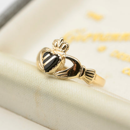 Vintage 9ct Gold Claddagh Ring with Gold Striped Black Onyx Heart, 1987