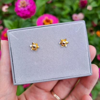 Vintage Solid 9ct Yellow Gold Flower Stud Earrings, 1977