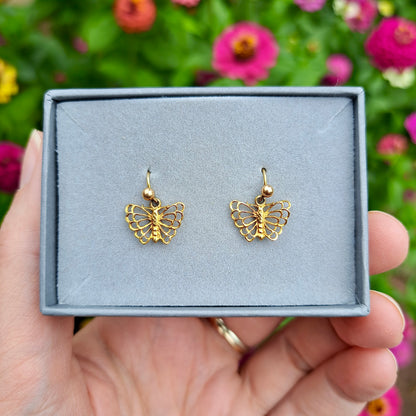 Vintage Solid 9ct Gold Butterfly Dangle Earrings, 1977