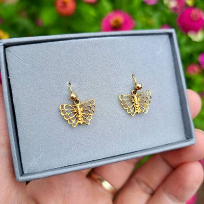 Vintage Solid 9ct Gold Butterfly Dangle Earrings, 1977