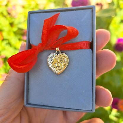 Vintage 9ct Gold Heart Locket Engraved with Doves and Hearts, 1993