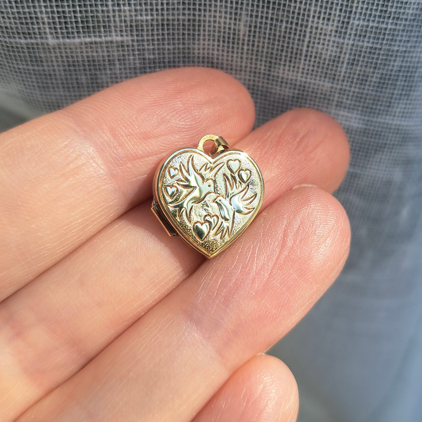 Vintage 9ct Gold Heart Locket Engraved with Doves and Hearts, 1993