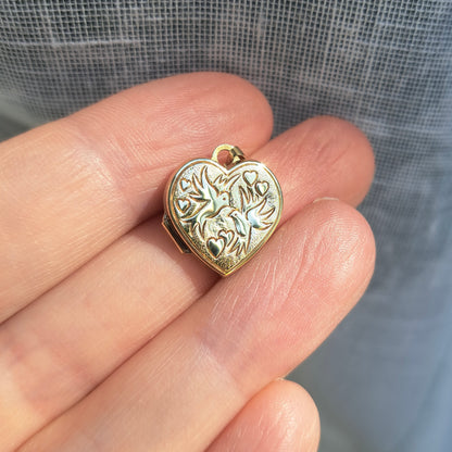 Vintage 9ct Gold Heart Locket Engraved with Doves and Hearts, 1993